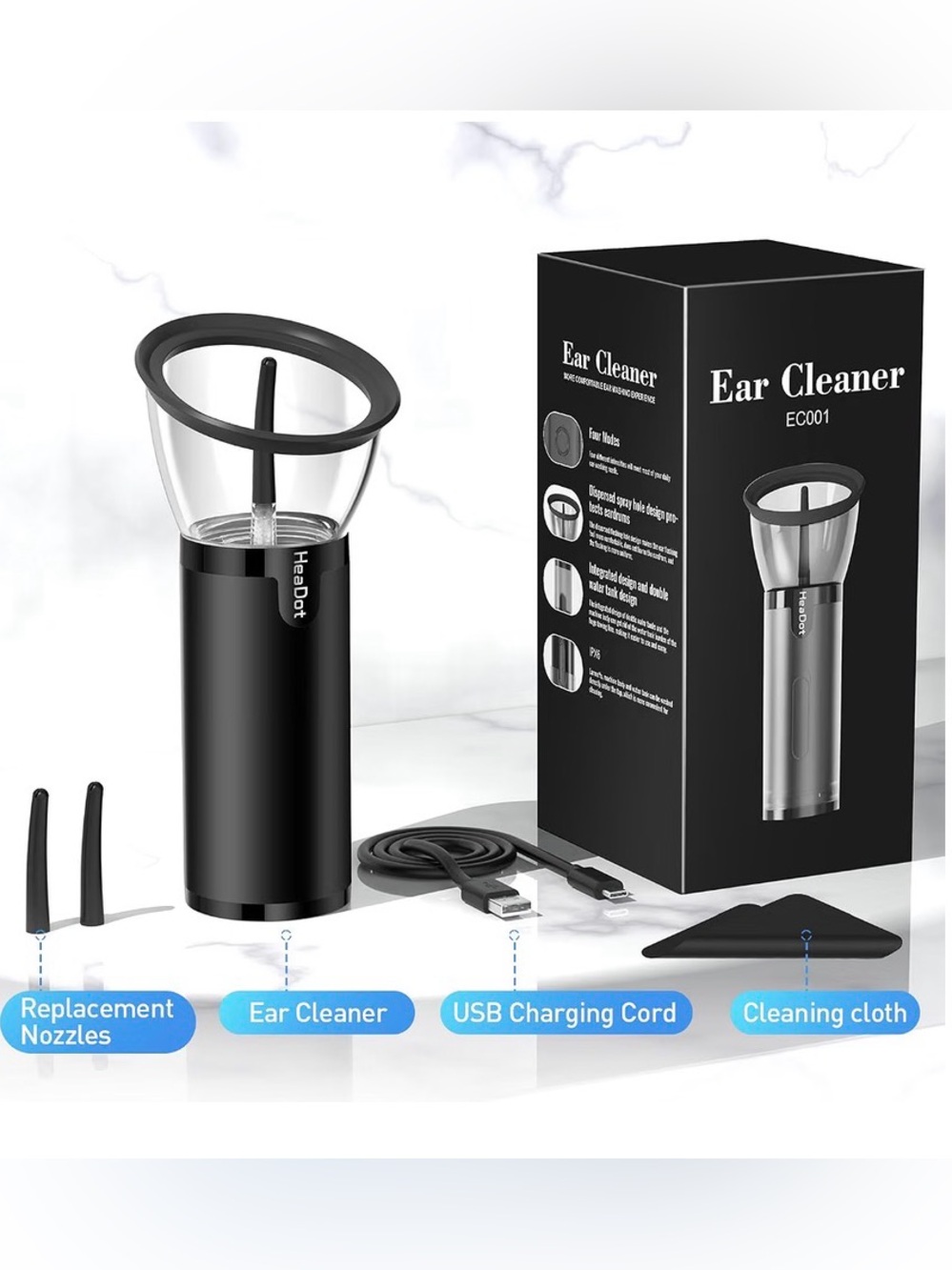 HeaBot Ear Cleaner with Clear Funnel - Black